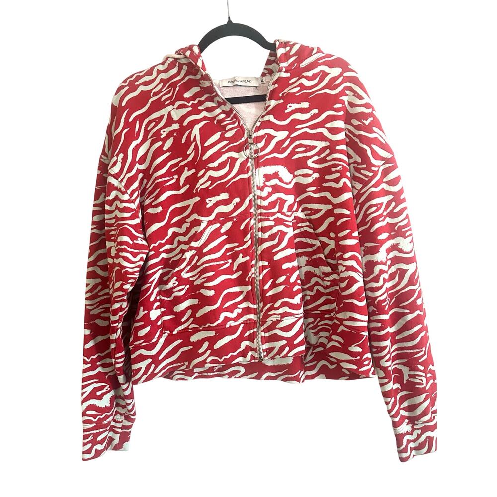 PRABAL GURUNG Red Gray Zebra Print Hooded Jacket Hoodie Cotton - Sz Medium